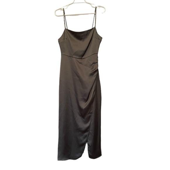 ZARA | NWT Satin Effect Beaded Slip Midi Dress in Khaki/Olive Green, Size Small - Picture 6 of 12